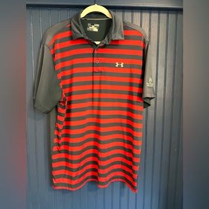 Under Armour Polo Shirt Adult XL Blue Red Striped Logo Short Sleeve Button Mens